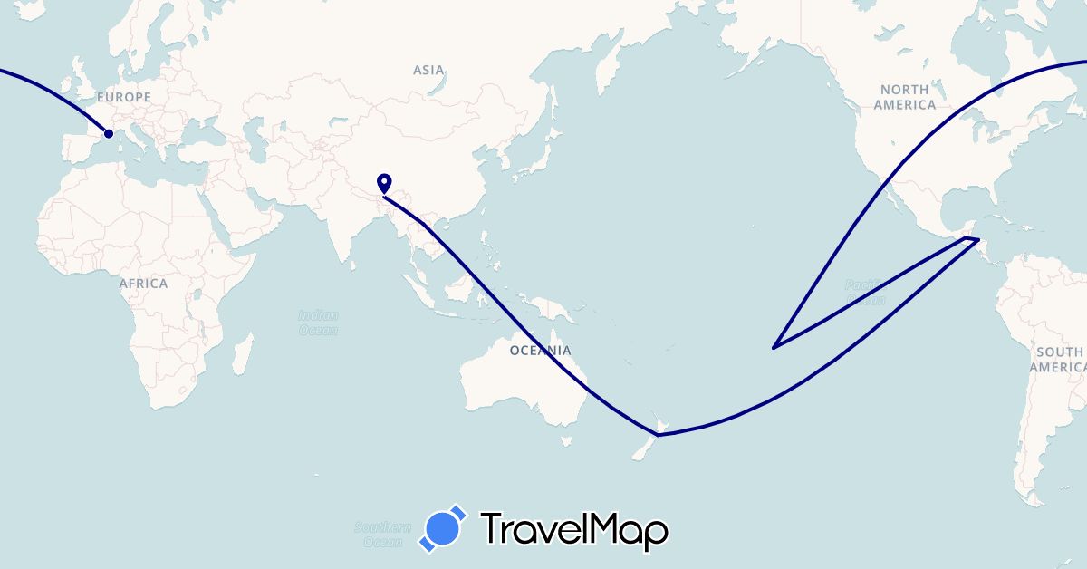 TravelMap itinerary: driving in Bhutan, France, Guatemala, Honduras, Laos, New Zealand, French Polynesia (Asia, Europe, North America, Oceania)